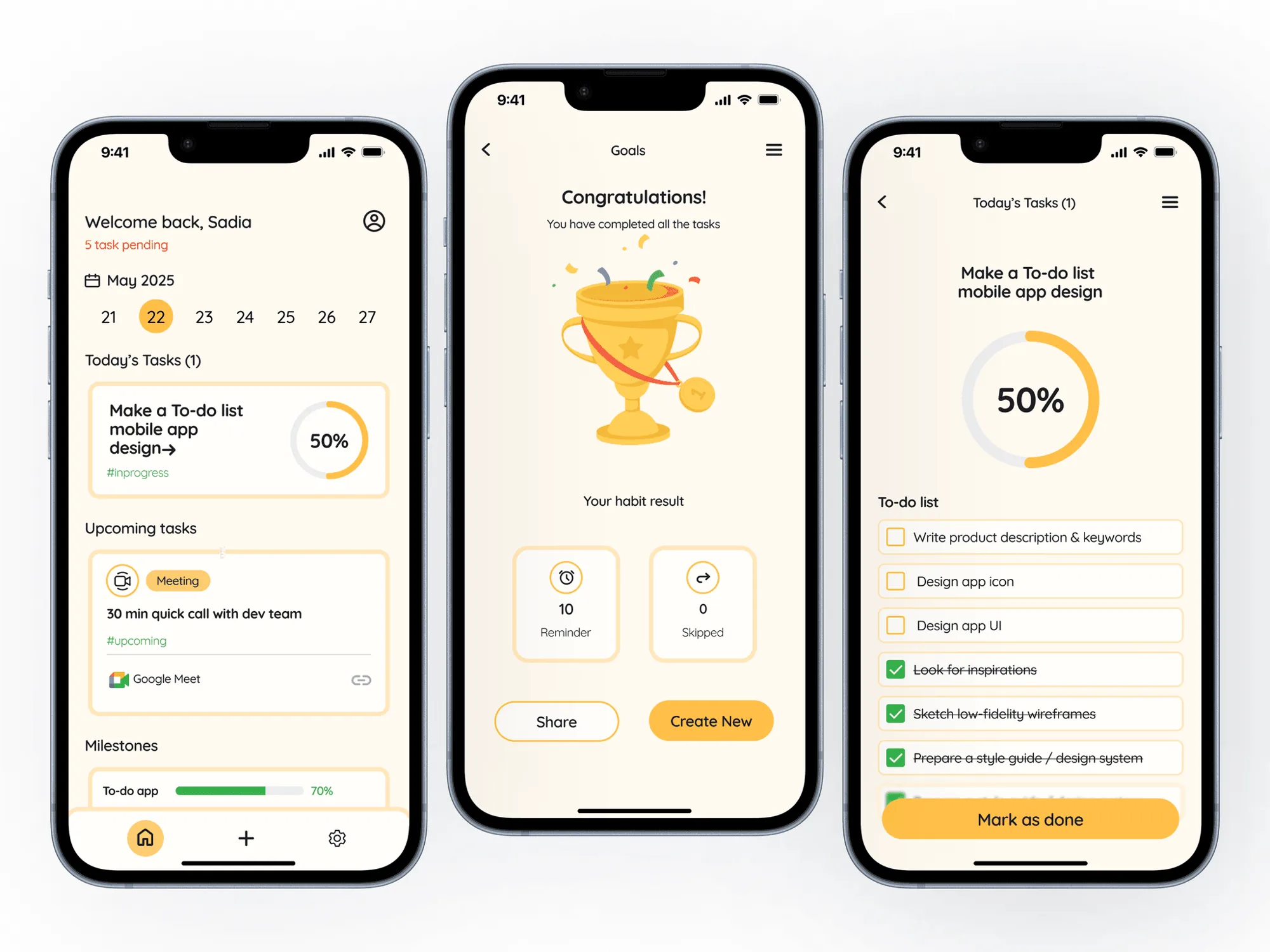 To-do list app screens with progress ring and achievement screen